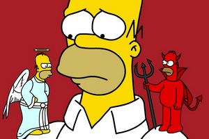 Image of angel and devil on Homer Simpson's shourlders