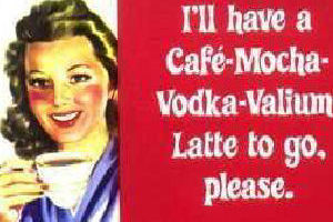Joke image of woman ordering coffee vodka valium latte