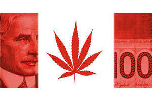 Image of Canada flag, weed and money