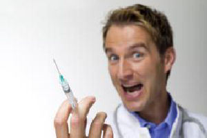 Image of enthusiastic doctor with large needle