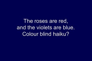 Image of poem which reads: The roses are red and the violets are blue. Colour blind haiku?